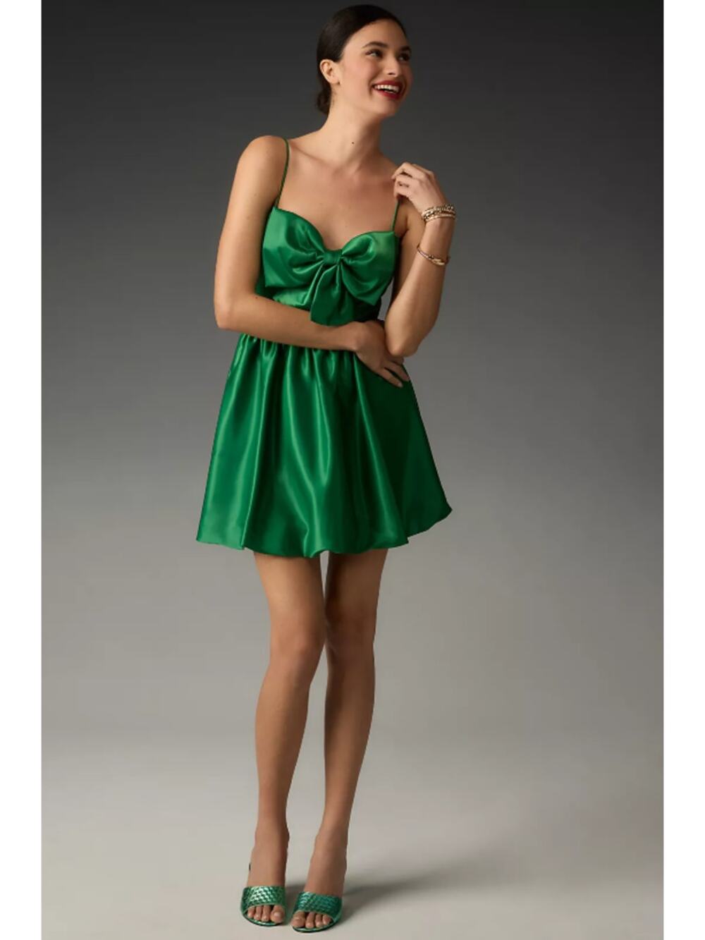 Anthropologie MAC DUGGAL Bow Front Bubble Hem Mini Dress in Green 10 NWT $298